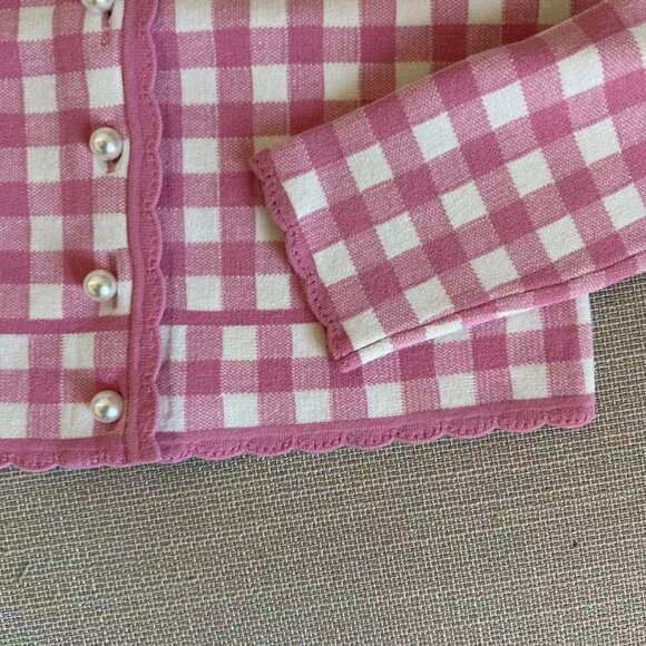 NWT LoveShackFancy Bridgette Checkered Knit Cardigan XSmall Pink Pearl Plaid - Picture 7 of 11